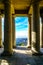 Looking between the columns of the Cecil Rhodes monument in Cape Town