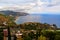 Looking down the coast from Taormina Town Square in the hilltop town of Taormina on theisland of Sicily Italy