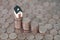 Looking down and shooting a row of declining dollar coins and a pocket house model on the background covered with a lot of dollar