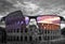 Looking through glasses to colorful Colosseum Coliseum in Rome at sunset against purple cloudy sky, Italy. Different world