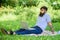 Looking for inspiration. Man bearded with laptop relaxing meadow nature background. Blogger becoming inspired by nature