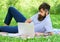 Looking for inspiration. Man bearded with laptop relaxing meadow nature background. Writer looking for inspiration