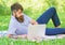 Looking for inspiration. Man bearded with laptop relaxing meadow nature background. Writer looking for inspiration