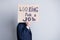 Looking for a job. Photo of worker guy suffer financial crisis crash lost work hold carton placard banner search work