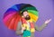 Looking like its going to rain. Autism. Autistic rain man holding colorful umbrella. Bearded man checking if it rains