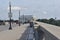 Looking at the Lincoln Memorial while crossing the Memorial Bridge over the Potomac River