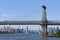 Looking north at Brooklyn side of the Williamsburg bridge and the the skyline of Midtown Manhattan, NYC