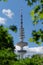 Looking onto Hamburg`s television tower against blue sky