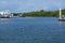 Looking out over bay with pelicans and boats in florida