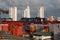 Looking out over a ship being unloaded, Trucks, Containers, and Cranes