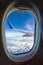 Looking out the window of airplane, Sky with white clouds viewed from inside an airplane windows