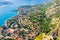 Looking over the Bay of Kotor in Montenegro with view of mountains, boats and old houses