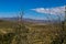 Looking own on hilly rocky terrain and road and moutains in the distance in the Idaho highlands