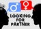 Looking for partner, dating banner with woman and man face silhouette profile, speech bubbles with sex symbols female