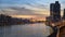 Looking southward along the East River toward the 59th Street bridge on Manhattan`s Upper East side during sunset