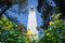 Looking up from the base of Sather tower the Campanile on a blue sky background, UC Berkeley, San Francisco bay, California