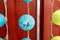 Looking up at the blue paper lanterns installed under the eaves of a Korean Buddhist temple