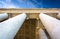 Looking up at columns at the Thomas Jefferson Memorial, Washington, DC.