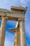 Looking up at detail of reconstructed columns on the Parthenon on the Accropolis in Athens Greece with beautiful blue sky with clo