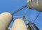 Looking up at grain elevators and bins