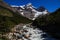 Looking up a meltwater stream towards the hanging glaciers that surround the w walk trail in Torres del Paine National Park