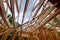 Looking up new construction beams under a clear blue sky with sunlight