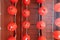 Looking up at the red paper lanterns installed under the eaves of a Korean Buddhist temple