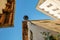 Looking up at rooftops, buildings and the sky in Soglio