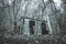 Looking up at an spooky abandoned barn in a the middle of a forest in winter, with a moody edit