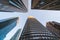 Looking up at tall high skyscraper buildings in San Francisco in the Financial District, California