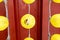 Looking up at the yellow paper lanterns installed under the eaves of a Korean Buddhist temple