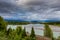 Looking upstream on the Skeena River towards Terrace, at the Kallum River confluence, beside the CN Railway Line