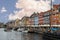 Looking west, Nyhavn restaurant row, Copenhagen, Denmark