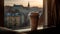 Looking through window, sipping cappuccino, enjoying cityscape at sunset generated by AI