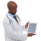 Looking at your healthcare message. Studio shot of a male doctor looking at the blank screen of a digital tablet that is