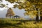 Lookout cabin for tourists, golden beech tree branches