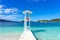 lookout pier in the crystal clear bathing area of â€‹â€‹Bora Bora beach in the town of Ksamil in Albania.