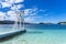 lookout pier in the crystal clear bathing area of â€‹â€‹Bora Bora beach in the town of Ksamil in Albania.