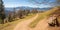 Lookout place with bench, Sunntratn mountain trail upper bavaria, early spring