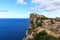 Lookout point Mirador Es Colomer at Cap de Formentor cliff coast and Mediterranean Sea, Majorca