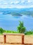 Lookout point with resting wooden bench. Beautiful scenery of nature with a large reservoir above the Srinagarind Dam at Rai Ya