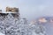 Lookout Studio during a winter snow storm in Grand Canyon National Park.