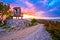 Lookout tower above Pakostane archipelago at golden sunset