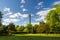 Lookout tower on the Petrin Hill in flowering spring park