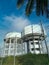 Lookup sky above the concrete water elevated storage reservoir