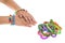 Loom rubber bracelets on a young child\'s hands