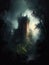 looming castle shrouded in an air of mystery its tower surrounded by a dark and foreboding forest. Gothic art. AI