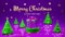 Loop animation Merry Christmas and Happy New Year with falling snow. Realistic purple 3d design of green trees with catwalk, silve