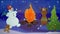 Loop. Cute happy Christmas characters dancing at campfire in winter under falling snow. Snowman. Reindeer. Gingerbread