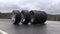 Loop four car wheels rolling on wet asphalt against the background of mountains